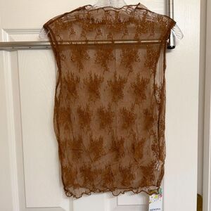 WT Nenona Cognac Brown Floral Sheer Lace Sleeveless Mock Neck Top XL